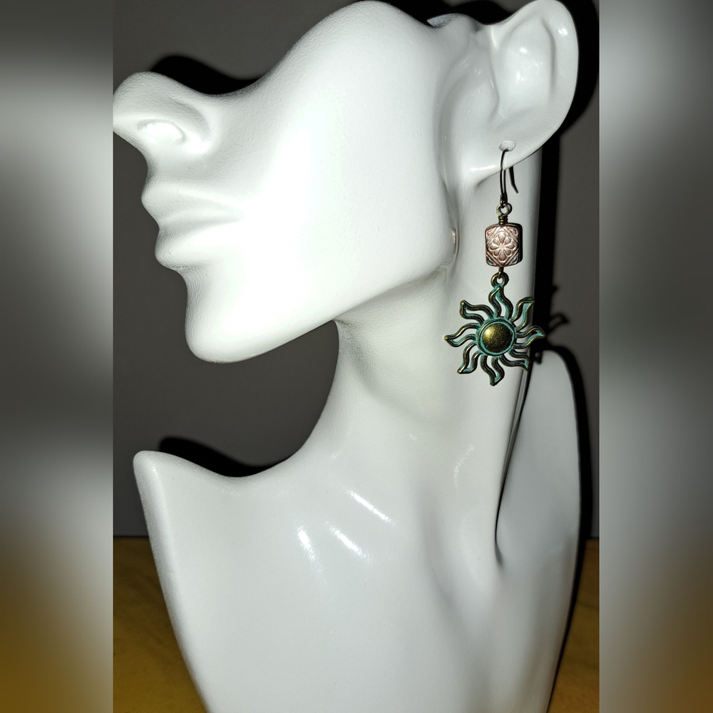Handmade Boho Green Patina Bronze Sun Dangle Earrings
